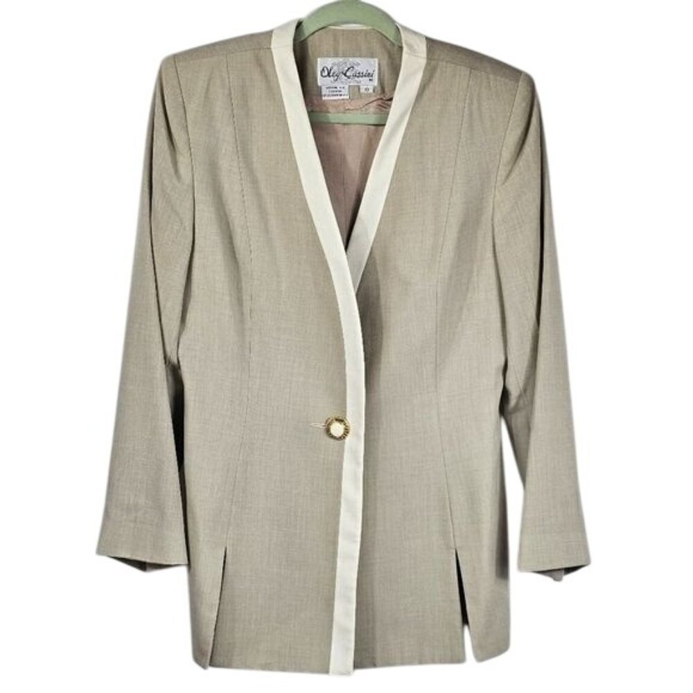 Vintage 80s Oleg Cassini Collarless Blazer 10 Taupe Cream One Button Office
